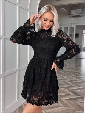 Black Lace Long-Sleeve Tiered Mini Dress